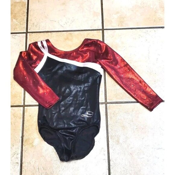 DREAMLIGHT Long Sleeve Gymnastics Leotard Child Size 6x-7 Red Black Sequins - Picture 1 of 7